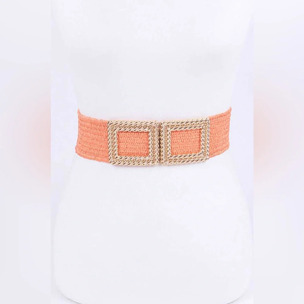 Gold Square Buckle Coated Straw Statement Belt